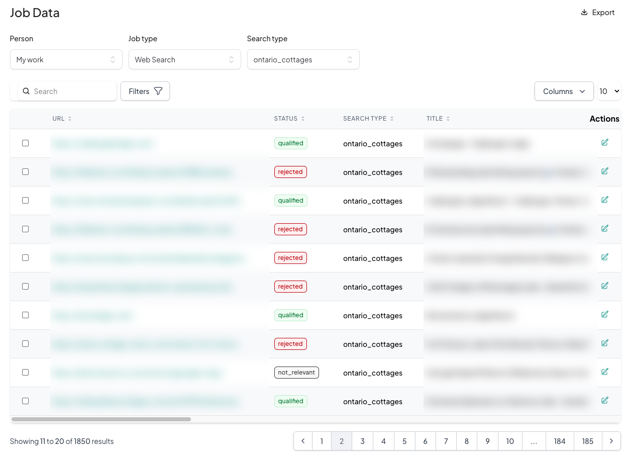 The shared job data store, each record carrying a status of qualified, rejected or not relevant