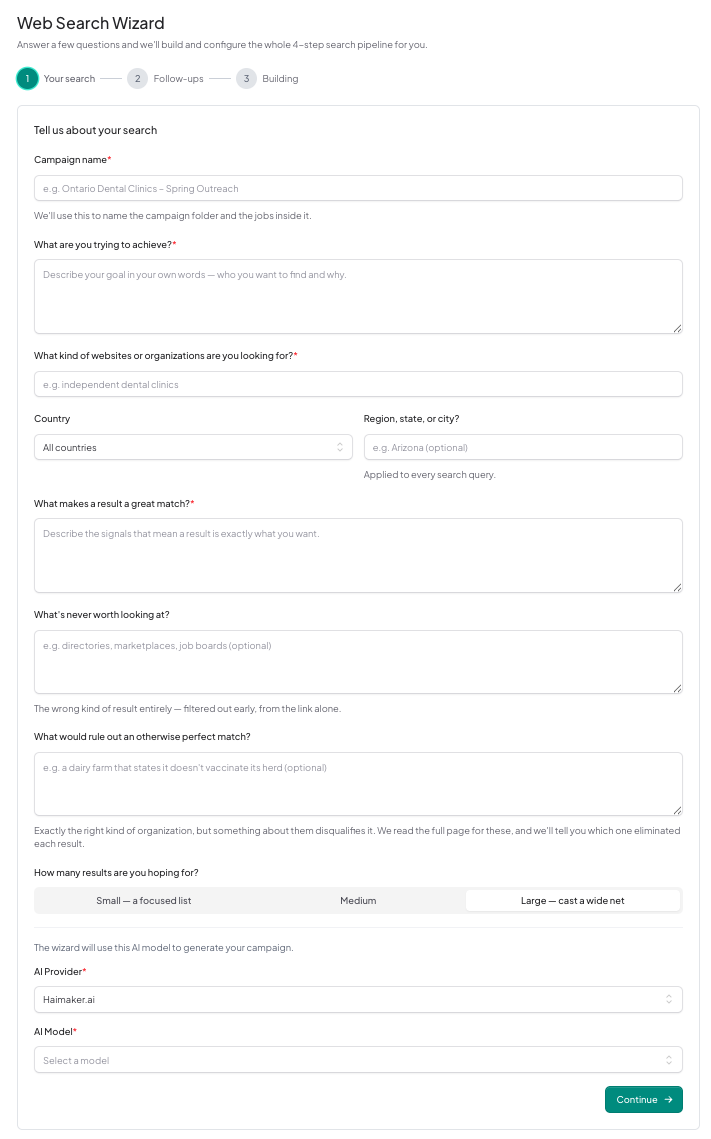 The wizard interview, asking in plain English what you are looking for and what would rule a result out